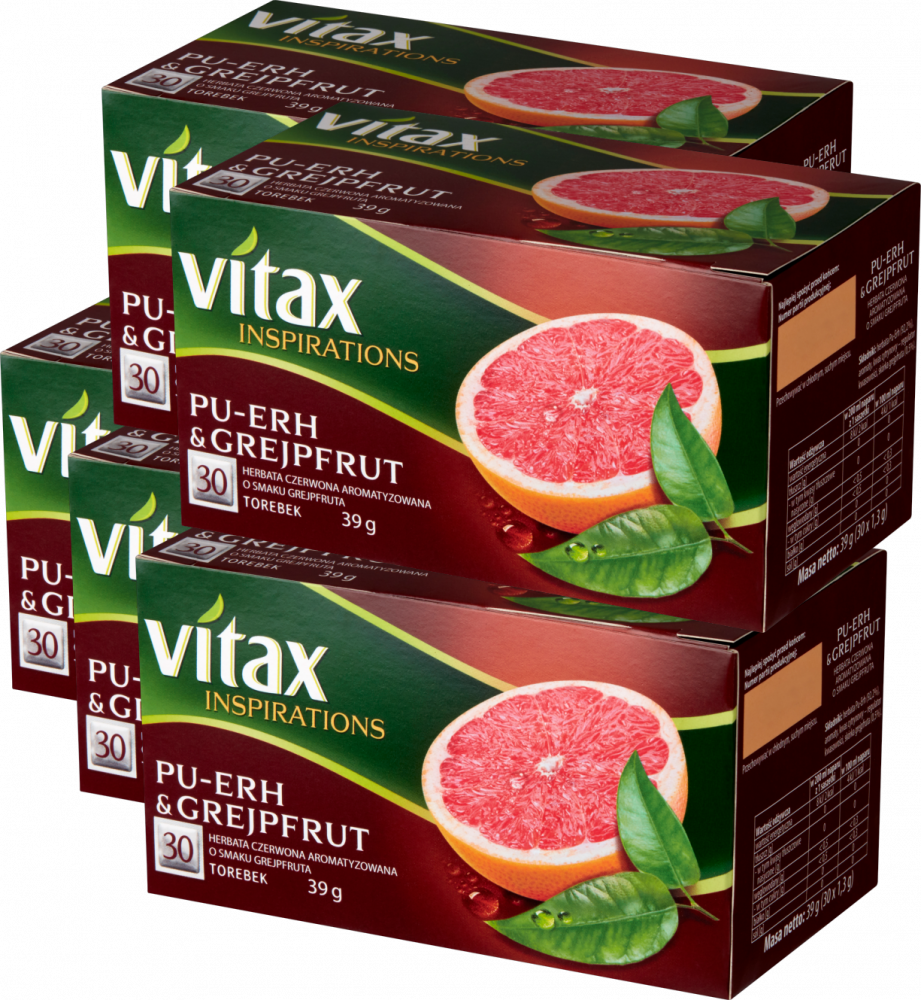5x Herbata czerwona w torebkach Vitax Inspirations Pu-erh&Grejpfrut, 30 sztuk x 1.3g