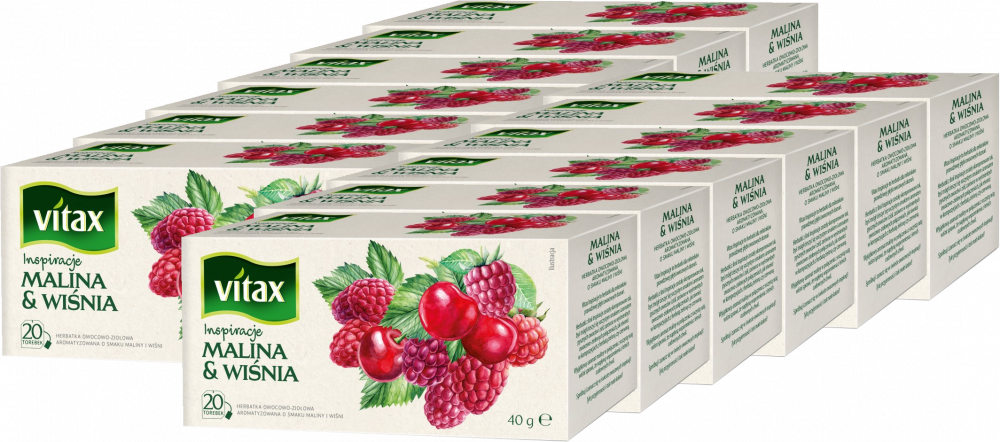 12x Herbata owocowa w torebkach Vitax Inspirations, malina i wiśnia, 20 sztuk x 2g