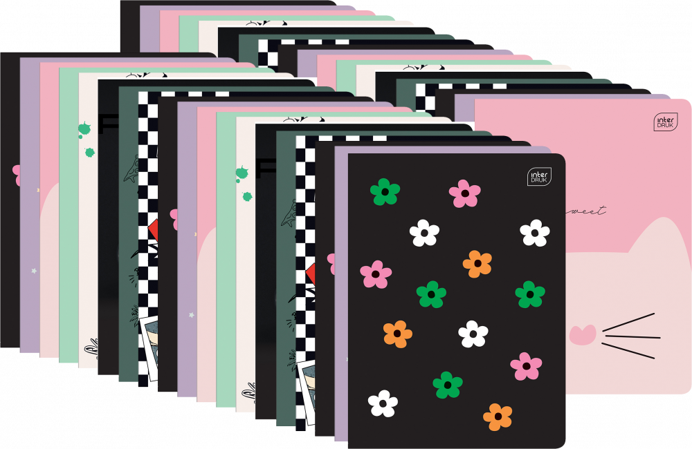 80x Zeszyt w kratkę Interdruk, A5, miękka oprawa, 32 kartki, mix wzorów