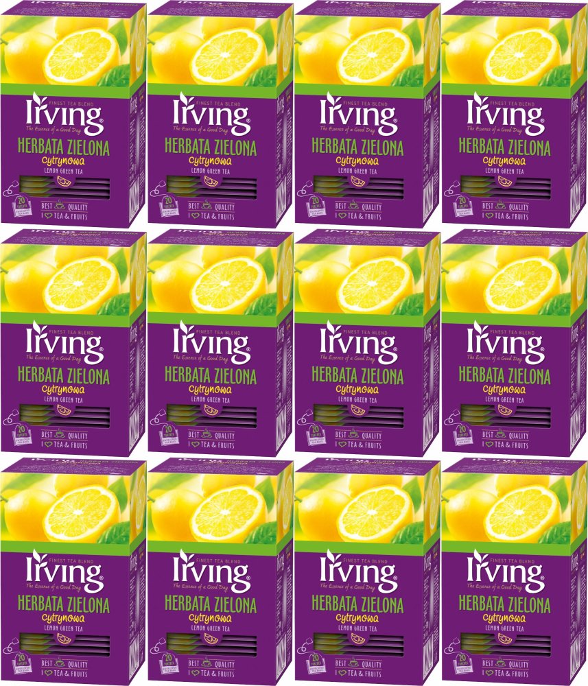 12x Herbata zielona smakowa w kopertach Irving, cytrynowa, 20 sztuk x 1.5g