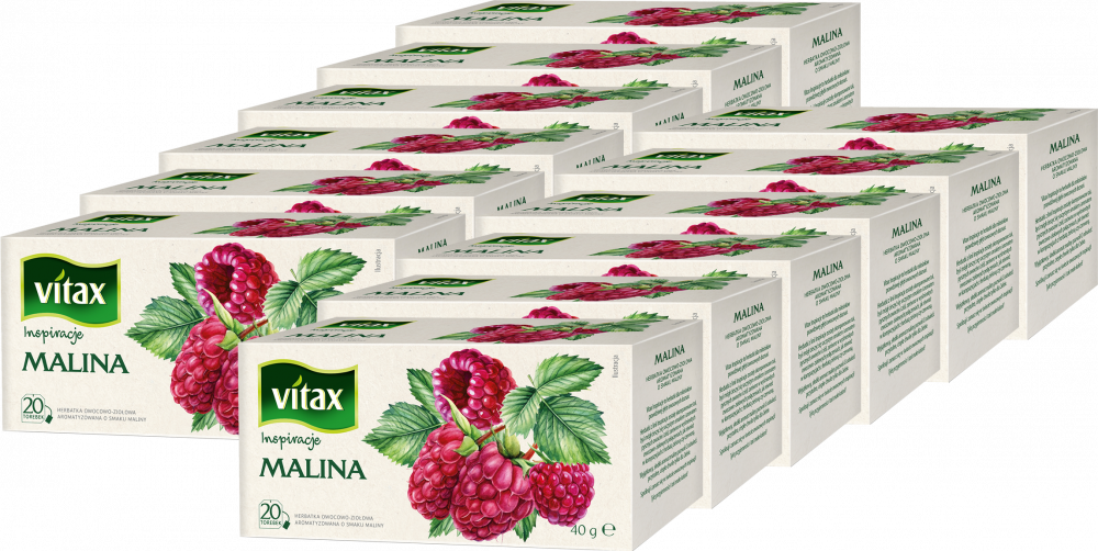 12x Herbata owocowa w torebkach Vitax Inspirations, malina, 20 sztuk x 2g