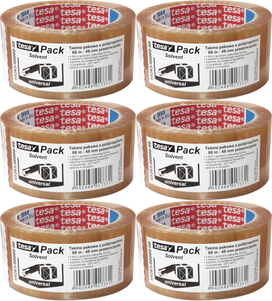 6x Taśma pakowa Tesa Standard Solvent, 48mmx66m, transparentny