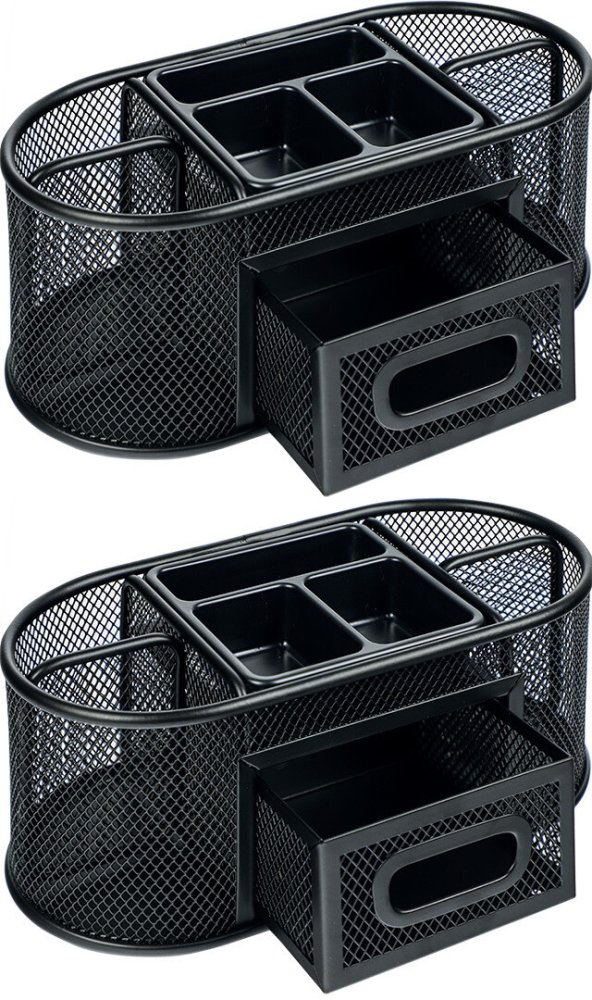 2x Przybornik na biurko Grand GR-1776, bez wyposażenia, metalowy (druciany), 7 przegród+ szufladka, 100x114x238mm, czarny matowy