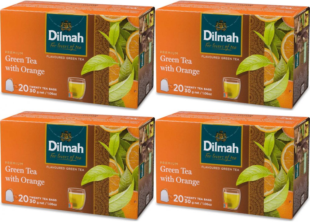 4x Herbata zielona smakowa w torebkach Dilmah, Green Tea with Orange, pomarańcza, 20 sztuk x 1.5g