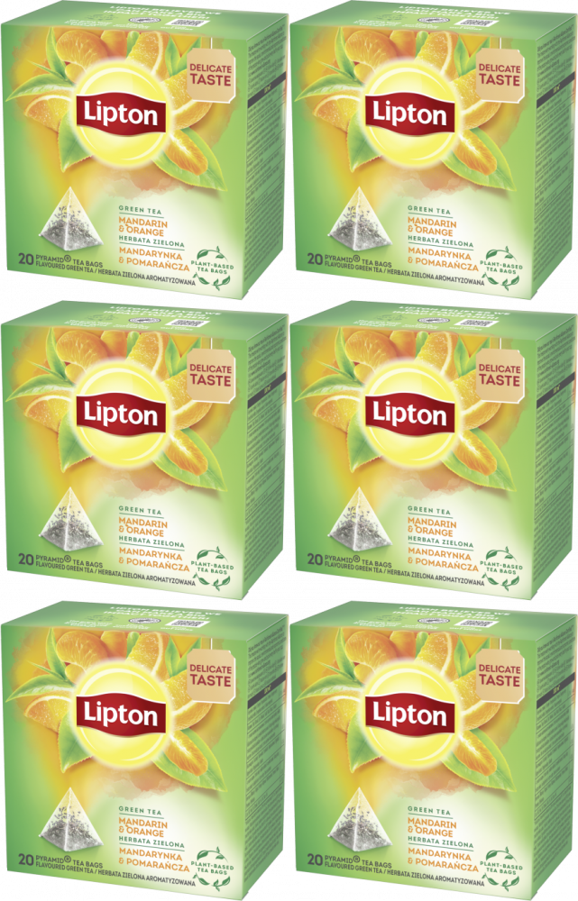 6x Herbata zielona smakowa w piramidkach Lipton Green Tea, mandarynka z pomarańczą, 20 sztuk x 1.2g