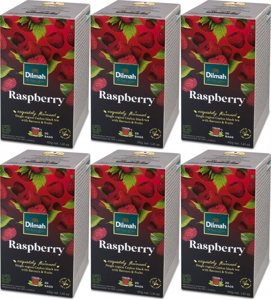 6x Herbata czarna aromatyzowana w kopertach Dilmah Raspberry, malina, 20 sztuk x 2g