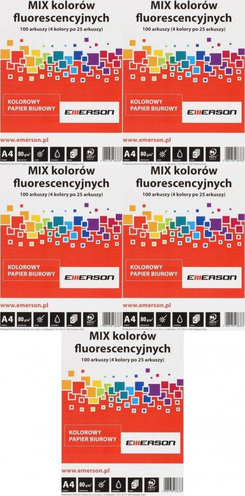 5x Papier kolorowy Emerson, A4, 80g/m2, 100 arkuszy, mix kolorów neonowych 4x25 ark.