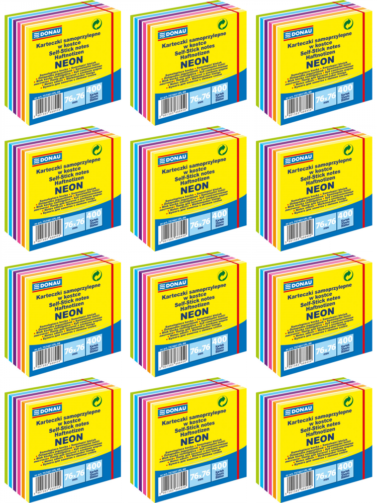 12x Karteczki samoprzylepne Donau, 76x76mm, 400 karteczek, mix kolorów neonowych