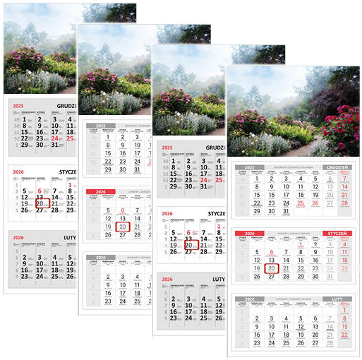 4x Kalendarz ścienny 2026, Udziałowiec, trójdzielny, 310x680mm, alejka