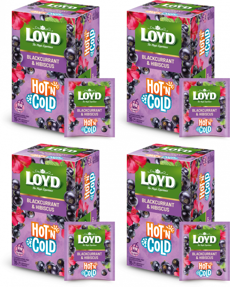 4x Herbata owocowo- ziołowa w kopertach Loyd Hot & Cold, porzeczka i hibiskus, 15 sztuk x 2g