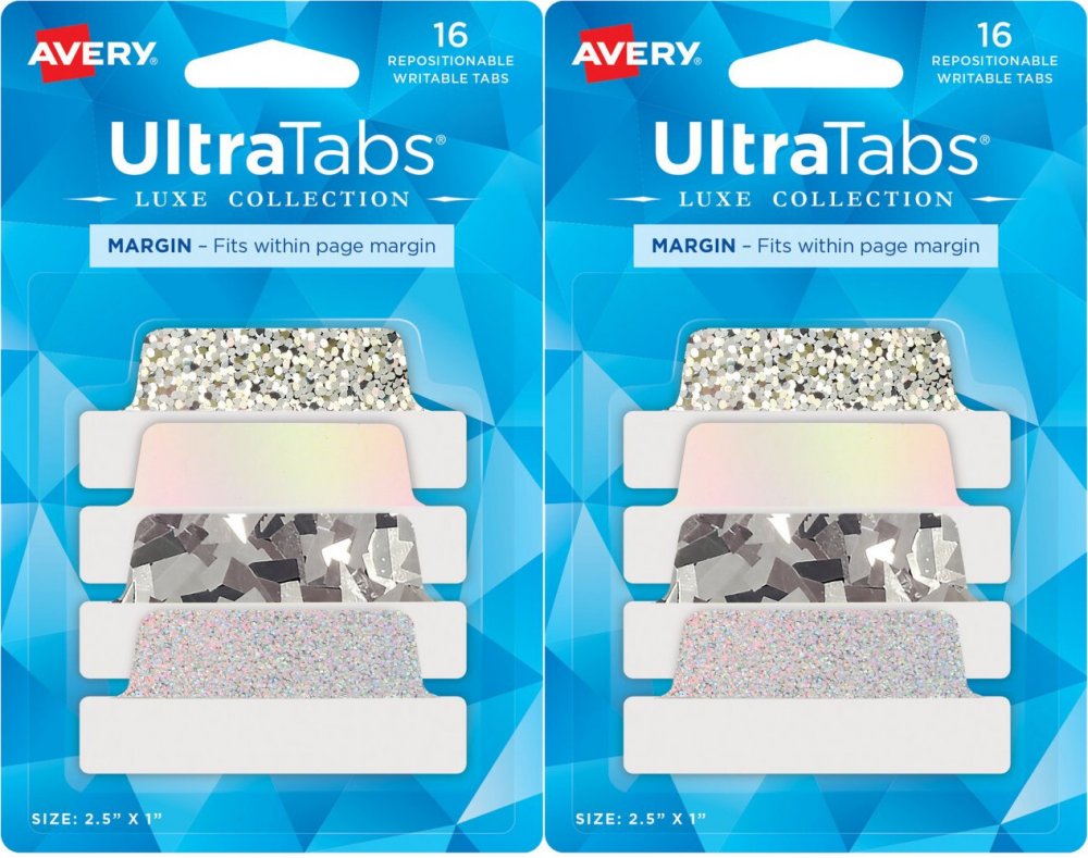 2x Zakładki samoprzylepne Avery Zweckform Ultra Tabs 74179, indeksujące, folia, 63.5 x 25.4mm, 16 sztuk, srebrny holograficzny