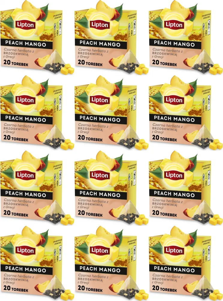 12x Herbata czarna w piramidkach Lipton peach mango, z brzoskwinią z Grecji, 20 sztuk x 1.7g