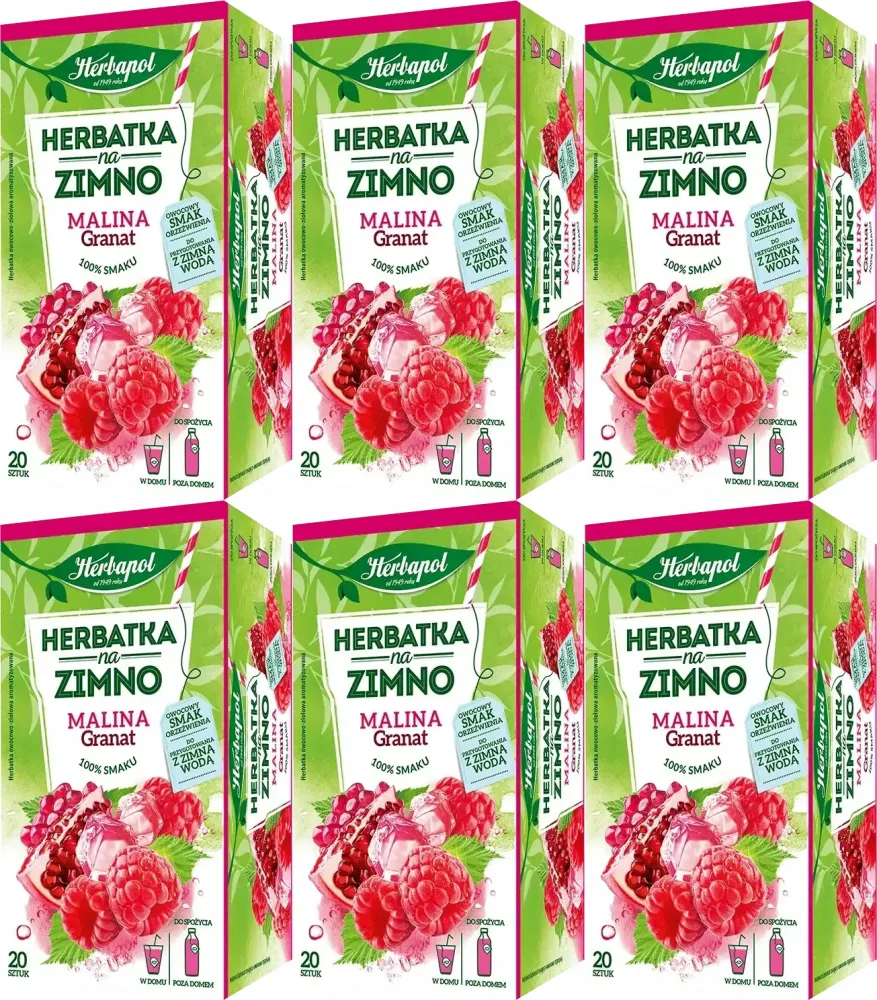 6x Herbata owocowo-ziołowa w kopertach Herbapol, na zimno, malina i granat, 20 sztuk x 1.8g
