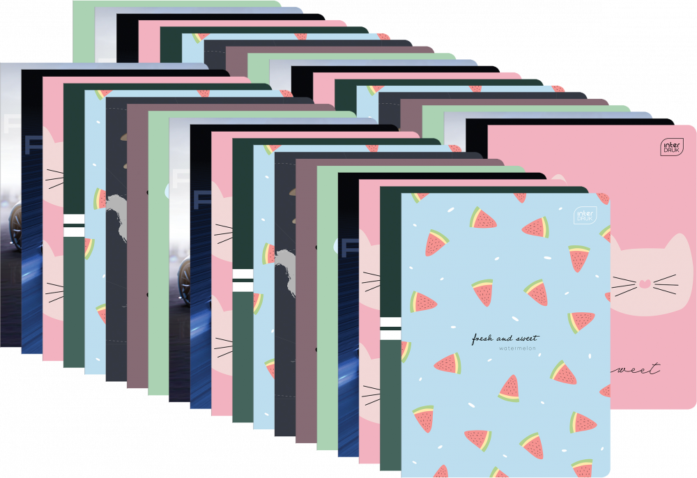 40x Zeszyt w wąskie linie Interdruk, A5, miękka oprawa, 32 kartki, mix wzorów