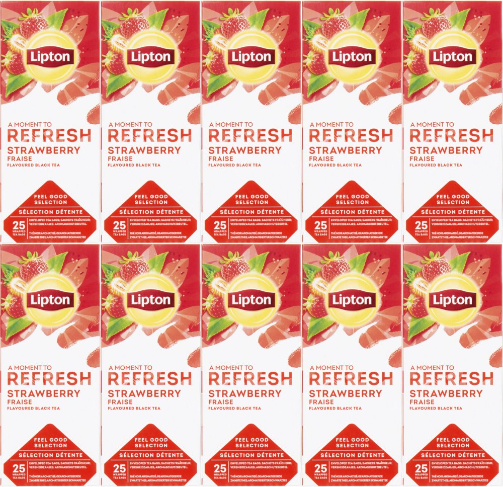 10x Herbata czarna aromatyzowana w kopertach Lipton Refresh Strawberry, truskawka, 25 sztuk x 1.6g