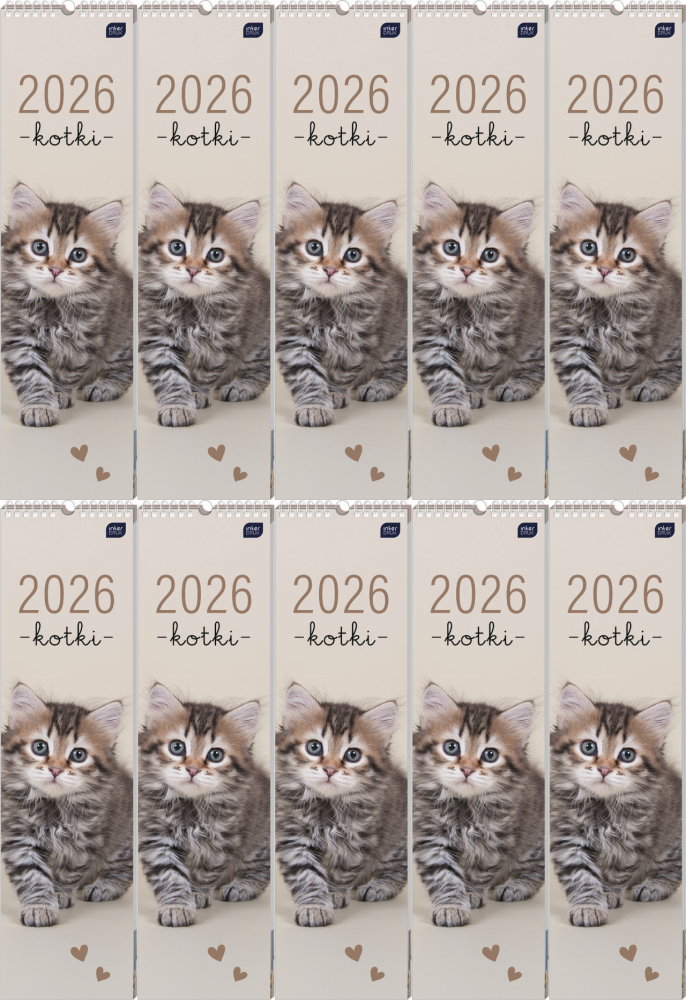10x Kalendarz ścienny 2026, Interdruk, paskowy, 13.5x50cm, miesięczny, Koty
