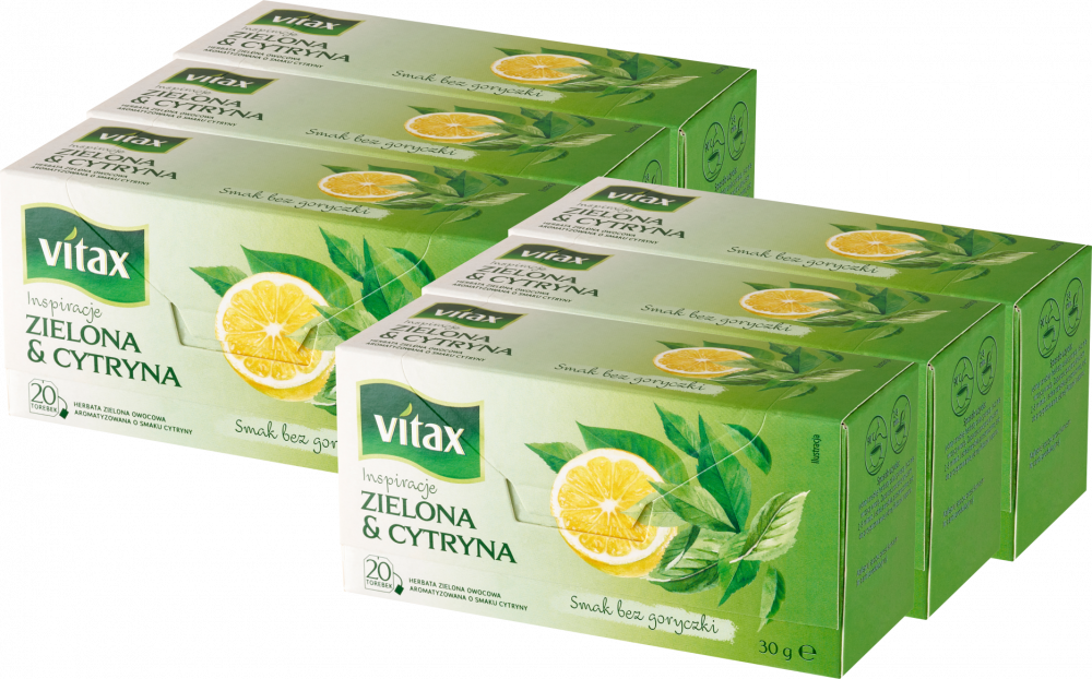 6x Herbata zielona smakowa w torebkach Vitax Inspirations, cytryna, 20 sztuk x 1.5g