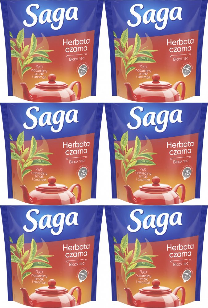 6x Herbata czarna w torebkach Saga, 75 sztuk x 1.4g