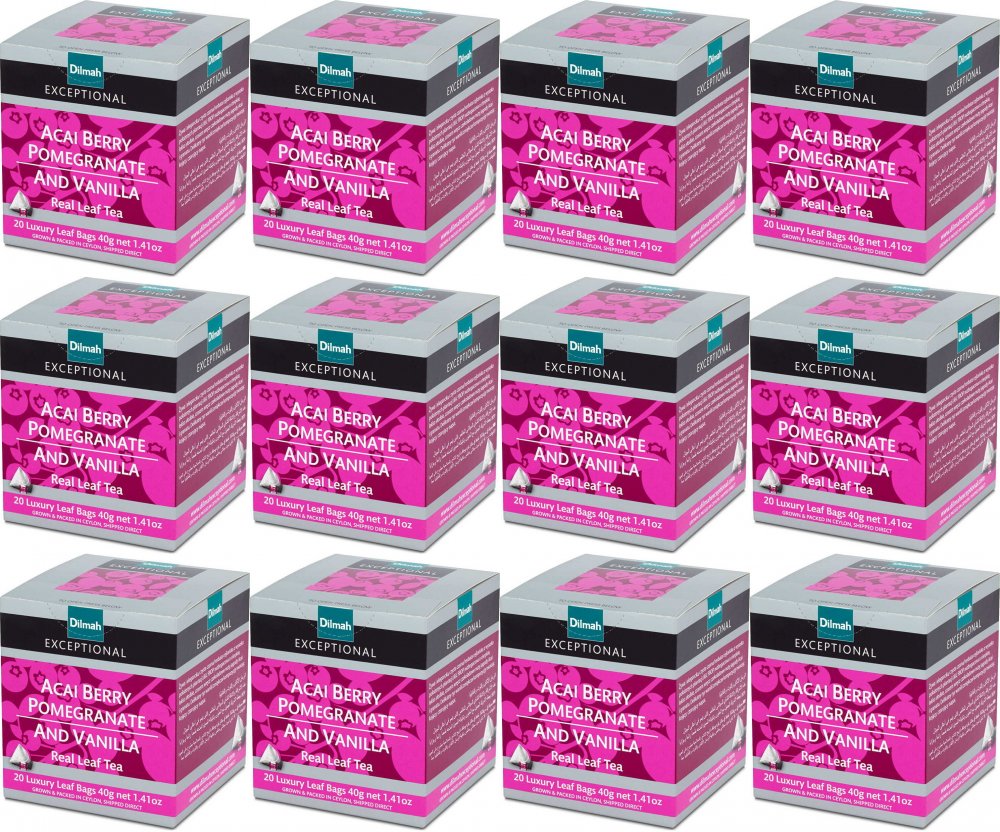 12x Herbata czarna w piramidkach Dilmah Exceptional Acai Berry, Pomegranate and Vanilla, granat/jagody acai/wanilia, 20 sztuk x 2g