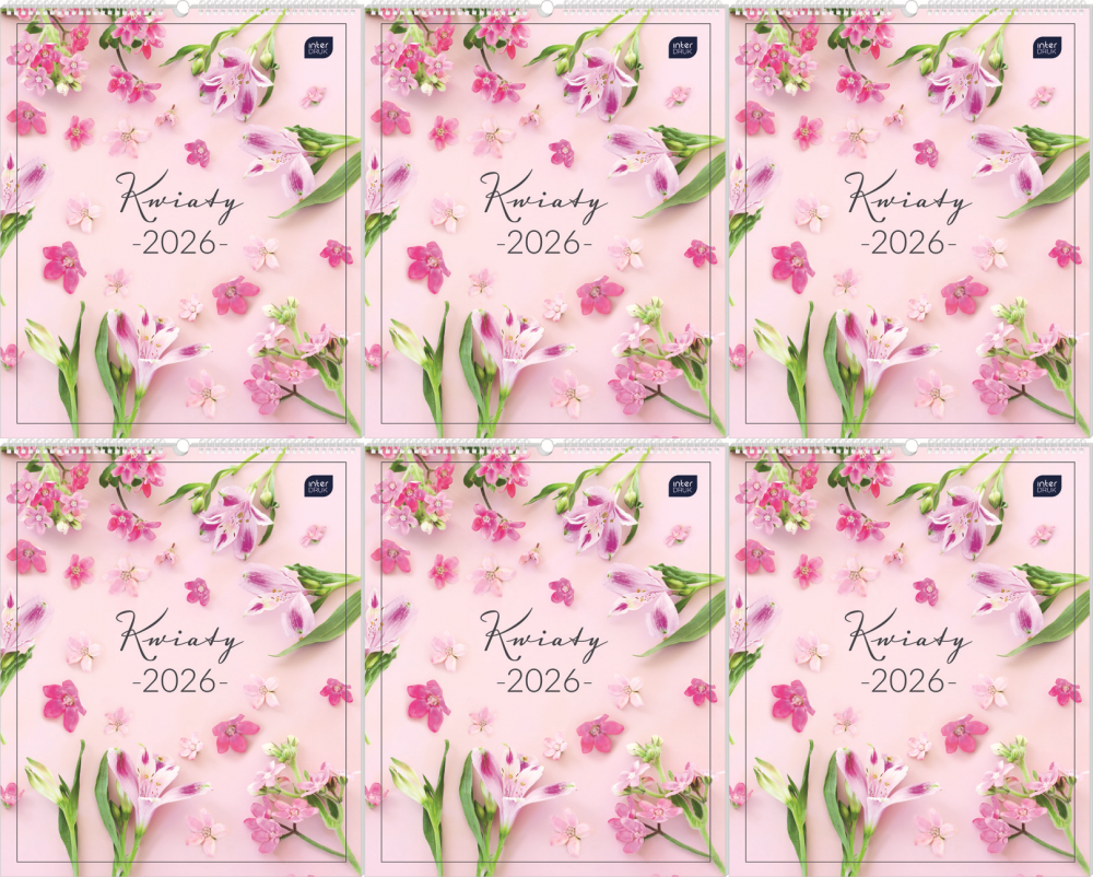 6x Kalendarz ścienny 2026, Interdruk, planszowy, 33.5x40cm, miesięczny, Kwiaty