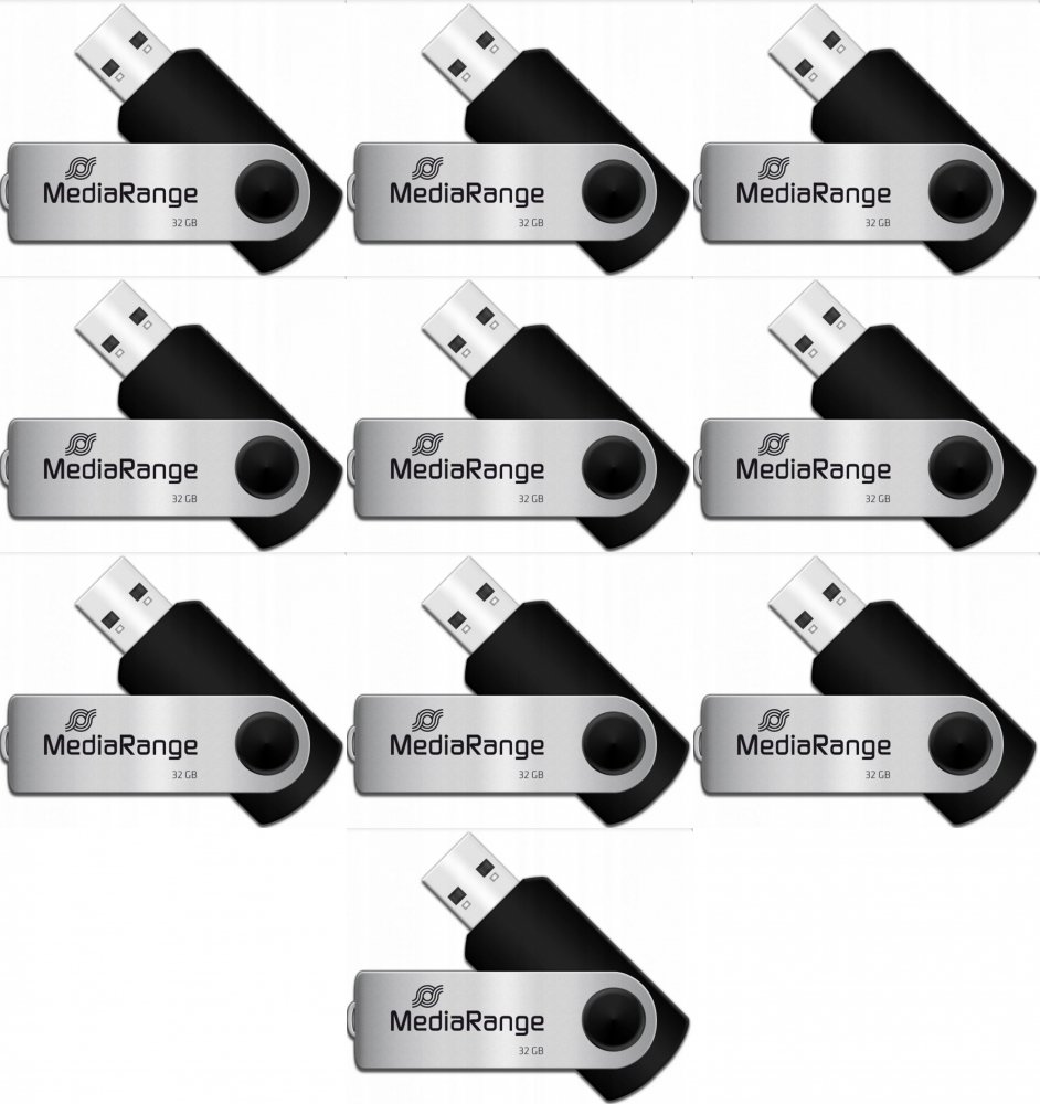 10x Pendrive MediaRange, 32GB, obracany, USB 2.0, srebrno-czarny