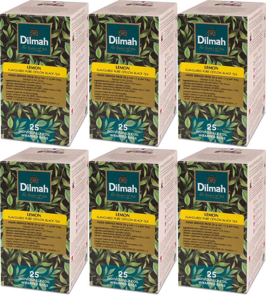 6x Herbata czarna aromatyzowana w kopertach Dilmah Lemon, cytrynowy, 25 sztuk x 2g