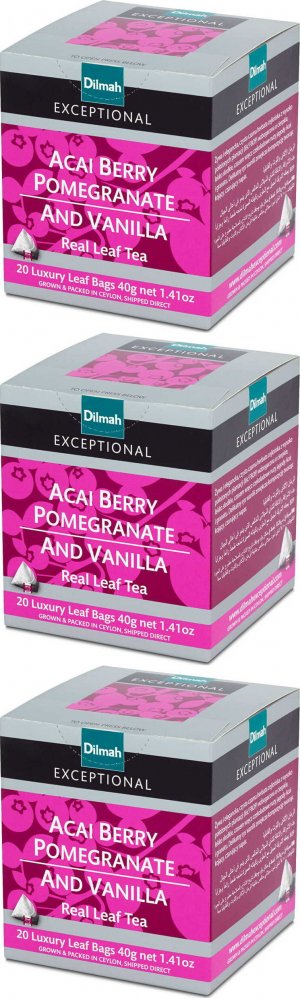 3x Herbata czarna w piramidkach Dilmah Exceptional Acai Berry, Pomegranate and Vanilla, granat/jagody acai/wanilia, 20 sztuk x 2g