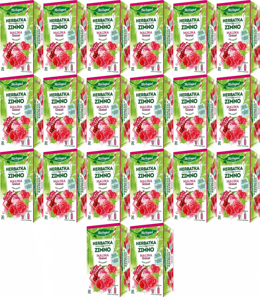 20x Herbata owocowo-ziołowa w kopertach Herbapol, na zimno, malina i granat, 20 sztuk x 1.8g