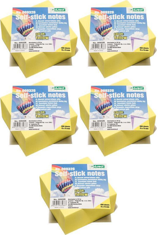 5x Karteczki samoprzylepne D.Rect, 76x76mm, 400 karteczek, żółty