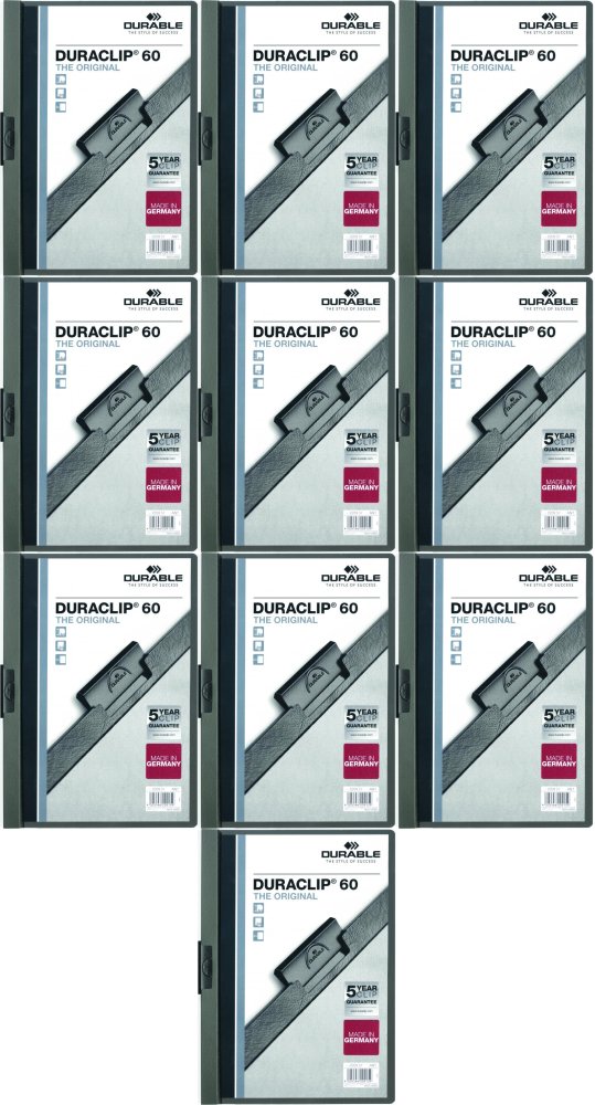 10x Skoroszyt plastikowy z klipsem Durable DuraClip, A4, do 60 kartek grafitowy