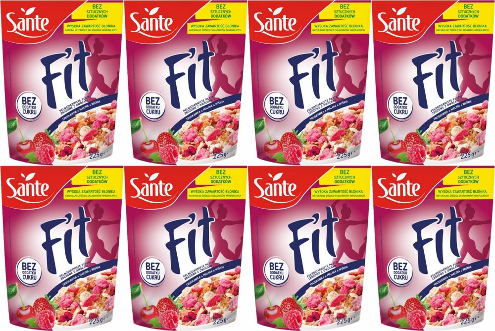 8x Płatki śniadaniowe Sante Fit, truskawka/malina/wiśnia, bez cukru, 225g