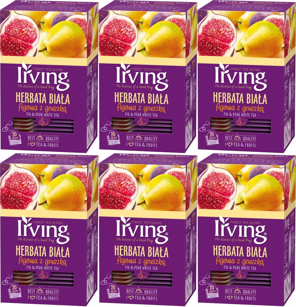 6x Herbata biała smakowa w kopertach Irving, figowa z gruszką, 20 sztuk x 1.5g