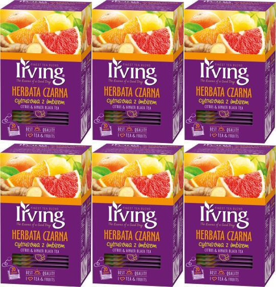 6x Herbata czarna aromatyzowana w kopertach Irving, cytryna i imbir, 20 sztuk x 1.5g