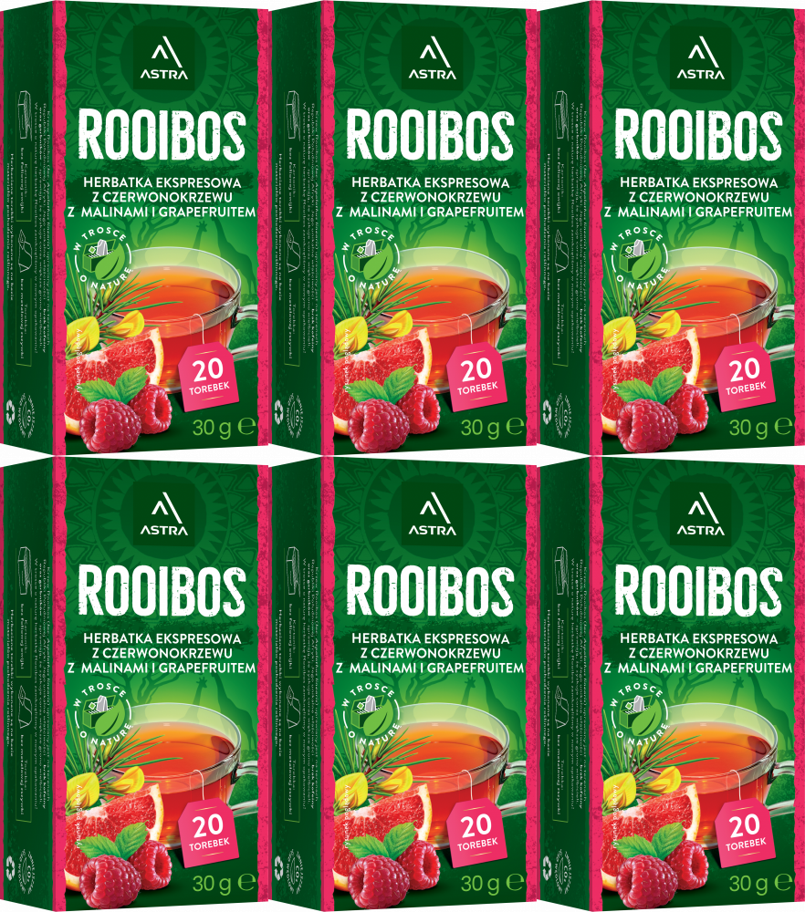 6x Herbata Rooibos w torebkach Astra, malina i grapefruit, 20 sztuk x 1.5g