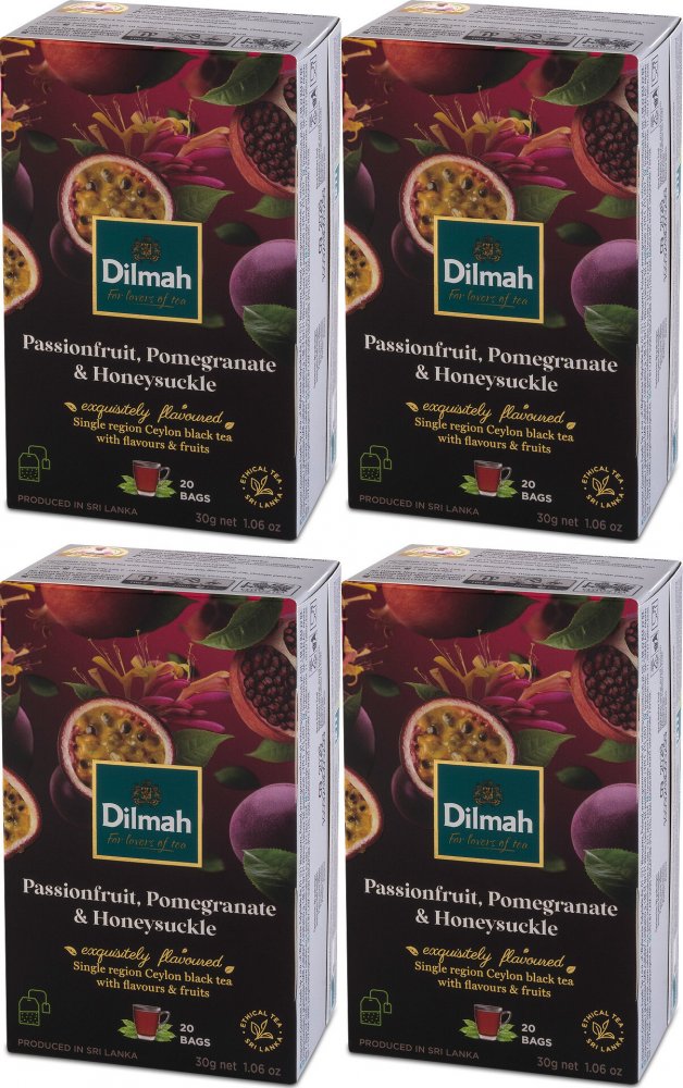 4x Herbata czarna aromatyzowana w torebkach Dilmah Passionfruit Pomegranate&Honeysuckle, granat/marakuja/wiciokrzew, 20 sztuk x 1.5g