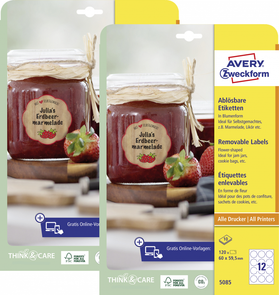 2x Etykiety usuwalne na słoiki Avery Zweckform, 60x59.5mm, 10 arkuszy, kształt kwiatu, biały