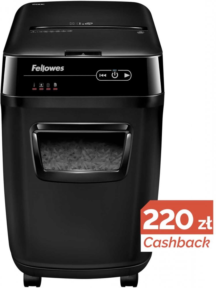 Niszczarka automatyczna Fellowes AutoMax 200C, ścinek 4x38mm, 200 kartek, P-4/T-4/O-3 DIN, czarny