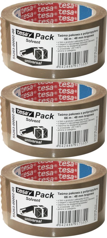 3x Taśma pakowa Tesa Standard Solvent, 48mmx66m, brązowy