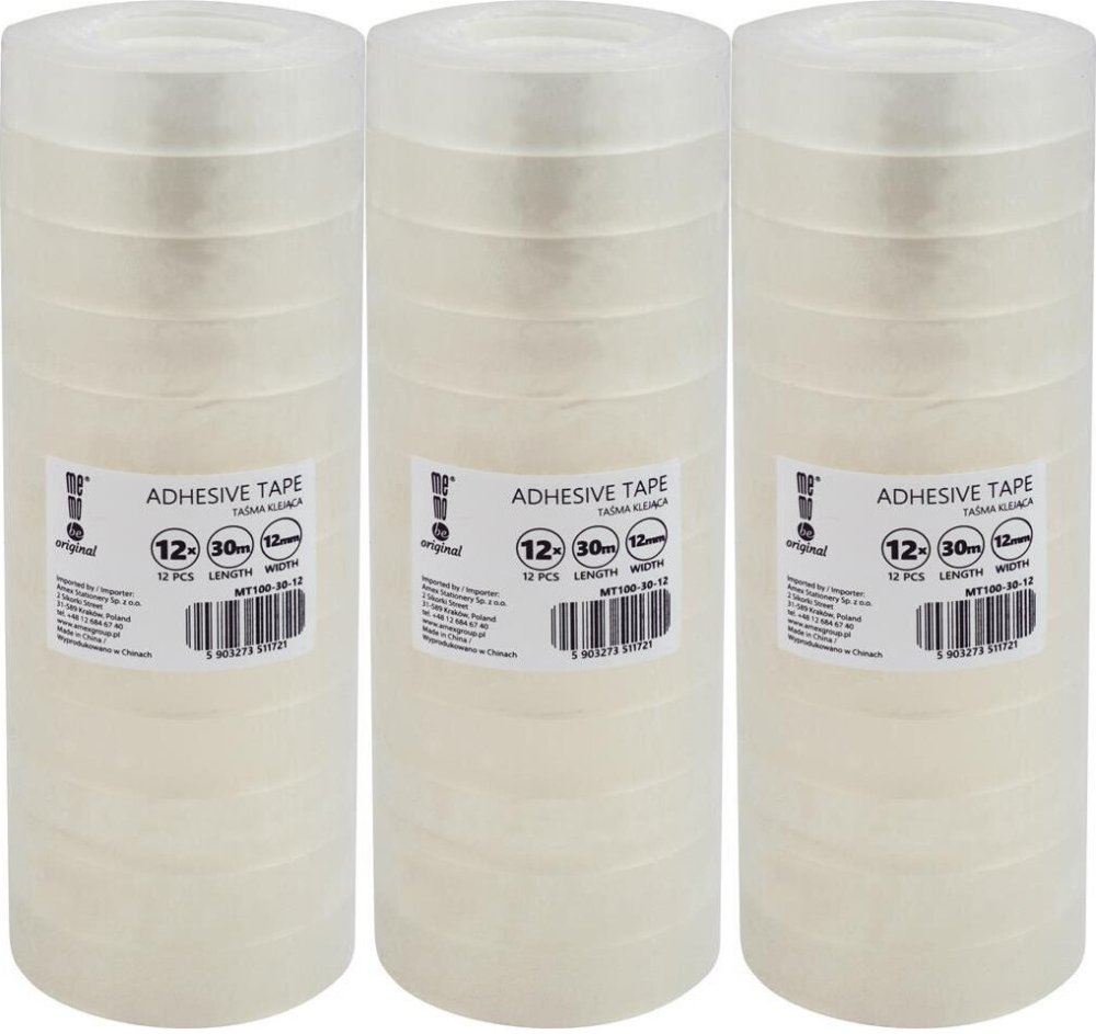 3x Taśma klejąca MemoBe 12mmx30m, 12 sztuk, przezroczysty