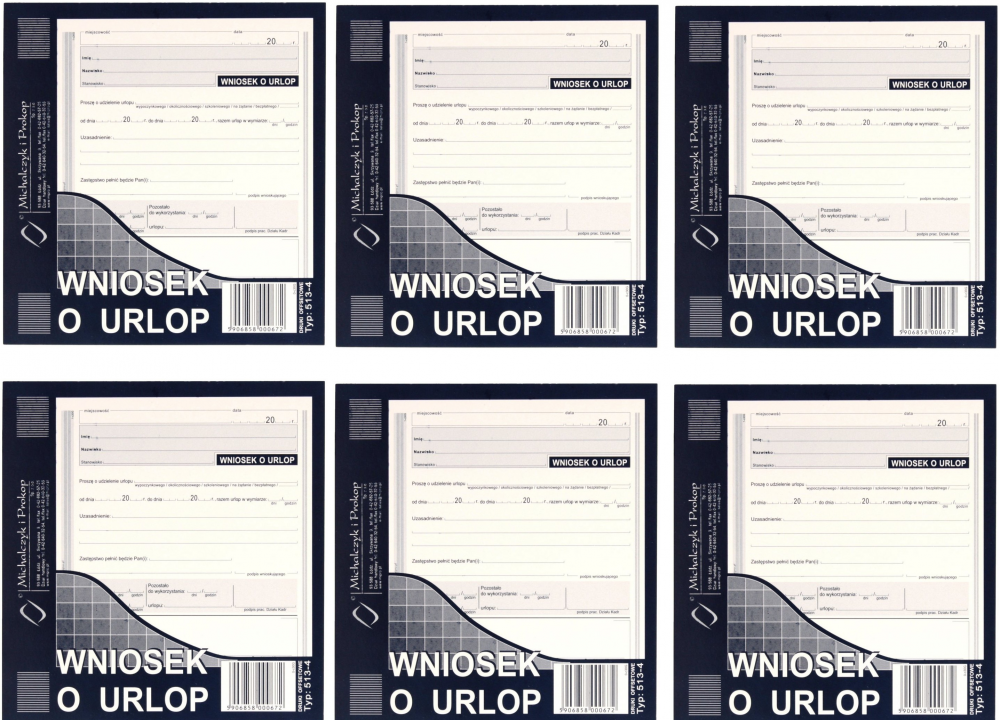 6x Druk akcydensowy Wniosek o urlop MiP 513-4, 2/3 A5, offsetowy, 40k