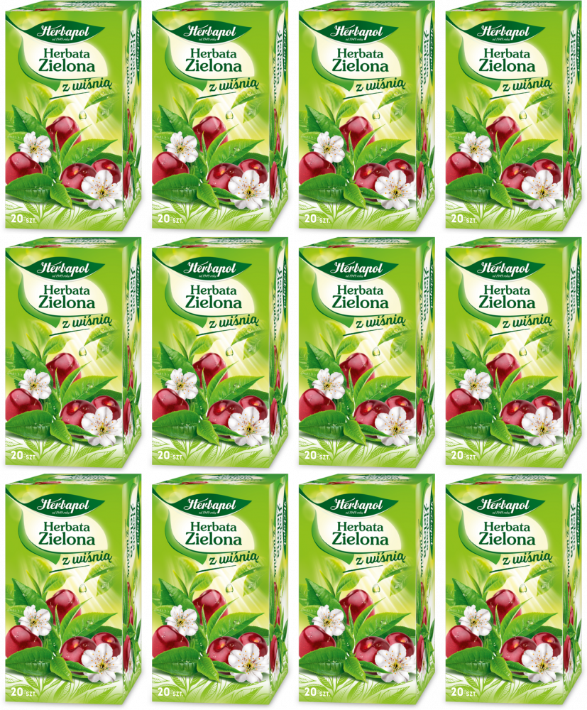 12x Herbata zielona w torebkach Herbapol, z wiśnią, 20 sztuk x 1.7g