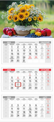 Kalendarz ścienny 2026, Udziałowiec, trójdzielny, 310x680mm, kwiaty