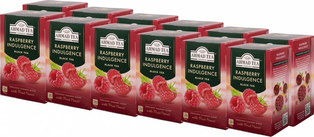 12x Herbata czarna aromatyzowana w kopertach Ahmad Tea Raspberry Indulgence, malina, 20 sztuk x 2g