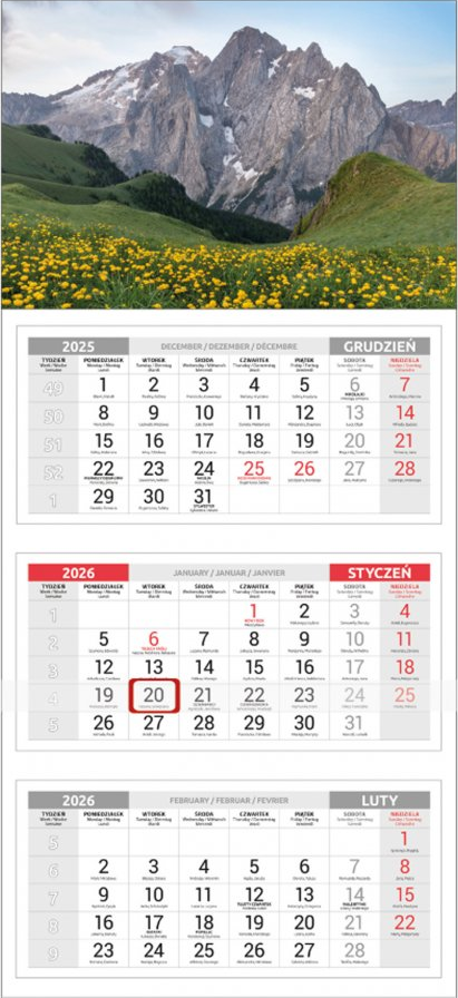 Kalendarz ścienny 2026, Udziałowiec, trójdzielny, 310x680mm góry