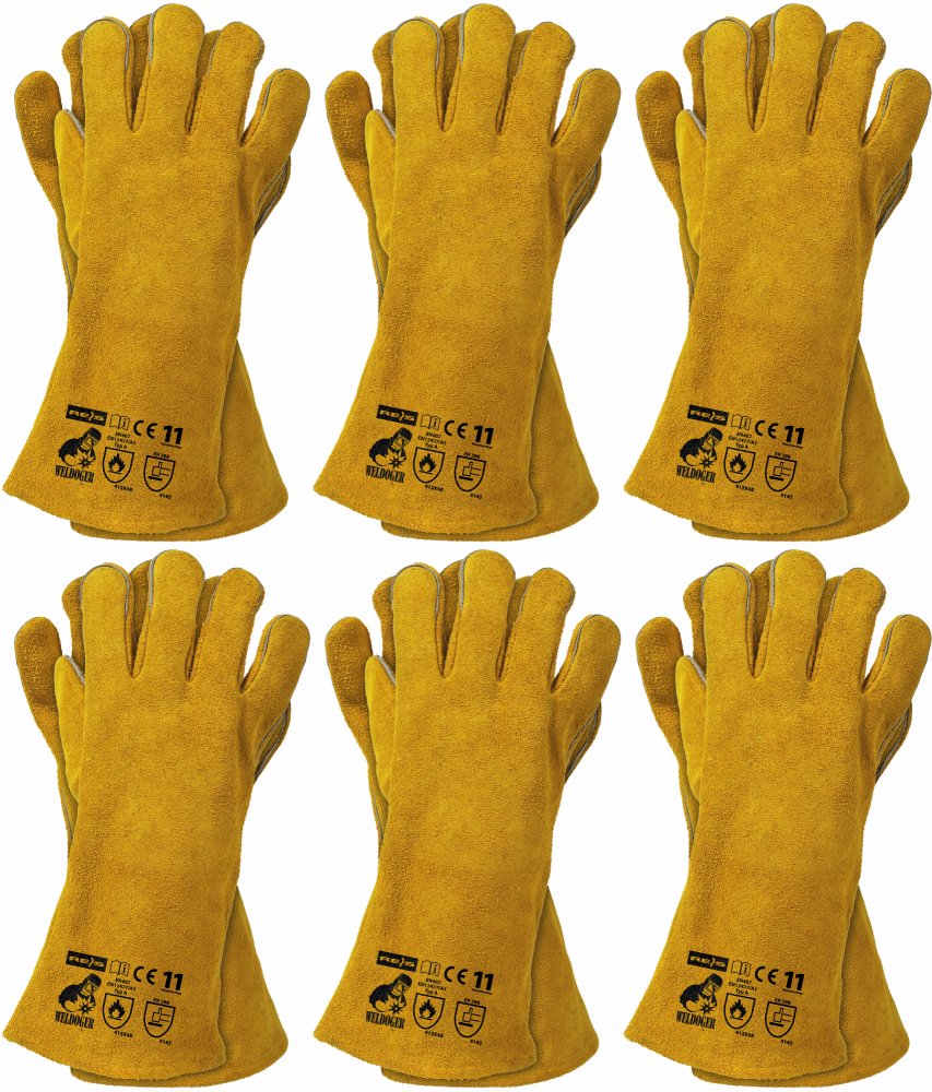 6x Rękawice robocze Reis Weldoger, skórzane, spawalnicze, rozmiar 11, żółto-miodowy
