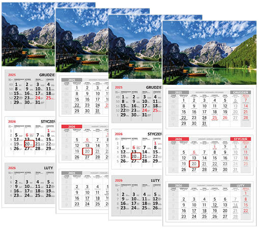 4x Kalendarz ścienny 2026, Udziałowiec, trójdzielny, 310x680mm, jezioro