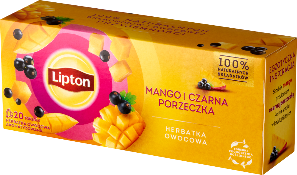 Herbata owocowa w torebkach Lipton, mango i czarna porzeczka, 20 sztuk x 1.7g