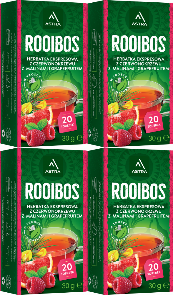 4x Herbata Rooibos w torebkach Astra, malina i grapefruit, 20 sztuk x 1.5g