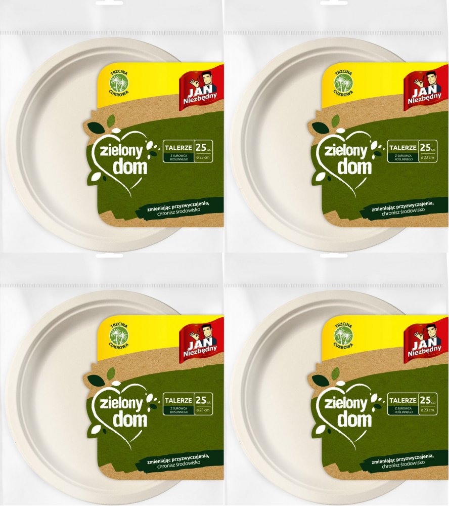 4x Talerze jednorazowe Jan Niezbędny Zielony Dom, 23cm, trzcina cukrowa, 25 sztuk, biały