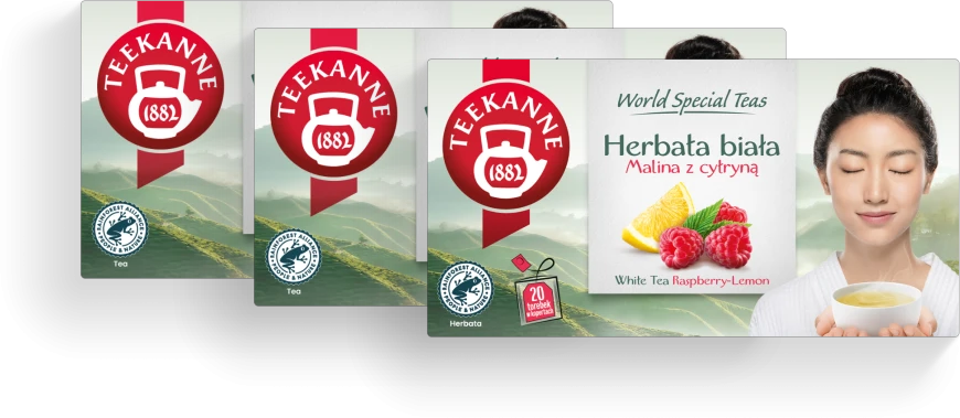 Zestaw białych herbat Teekanne: White Tea Citrus, cytryna i mango, 20 sztuk + White Tea Rasberry-Lemon, malina z cytryną, 20 sztuk + White Tea, 20 